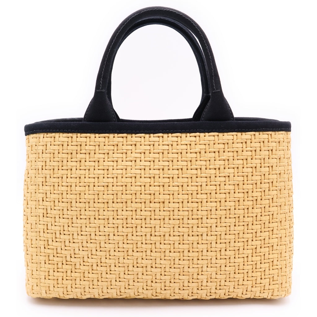 PRADA(プラダ) カナパ 2WAYハンドバッグ ショルダーバッグ カゴバッグ ストロー×キャンバス ブラック×ベージュ 1BG155 ゴールド金具 レディース
