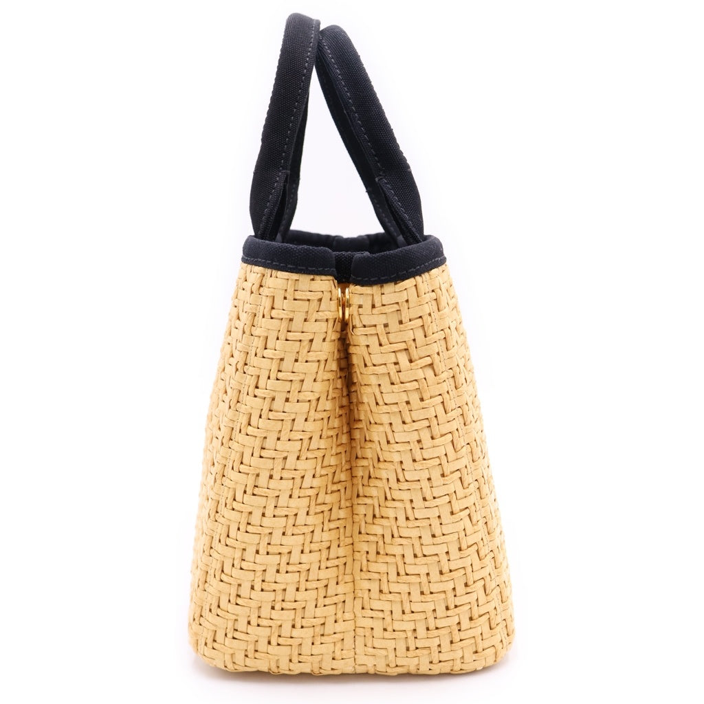PRADA(プラダ) カナパ 2WAYハンドバッグ ショルダーバッグ カゴバッグ ストロー×キャンバス ブラック×ベージュ 1BG155 ゴールド金具 レディース