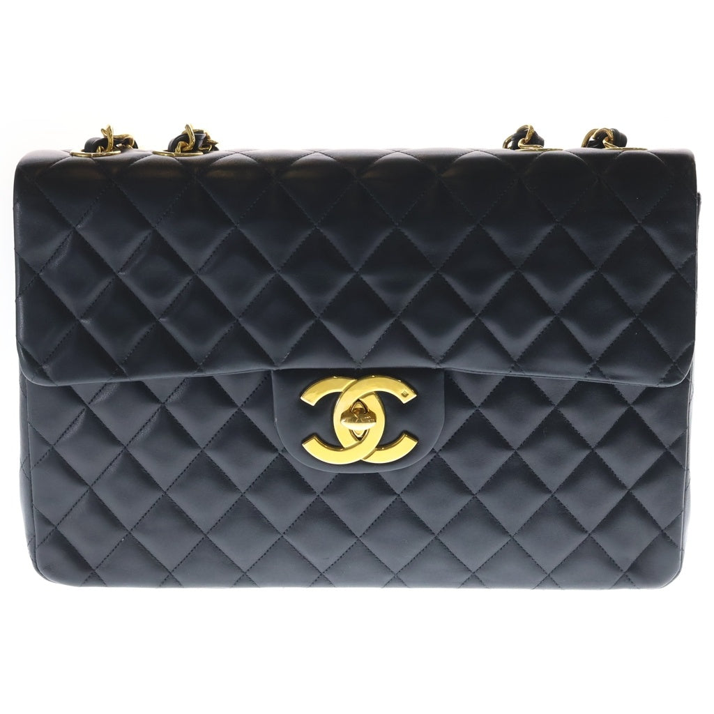 CHANEL(シャネル) デカマトラッセ34 ラムスキン レザー Sフラップ Wチェーン ショルダーバッグ ゴールド金具 ブラック 3番台 レディース