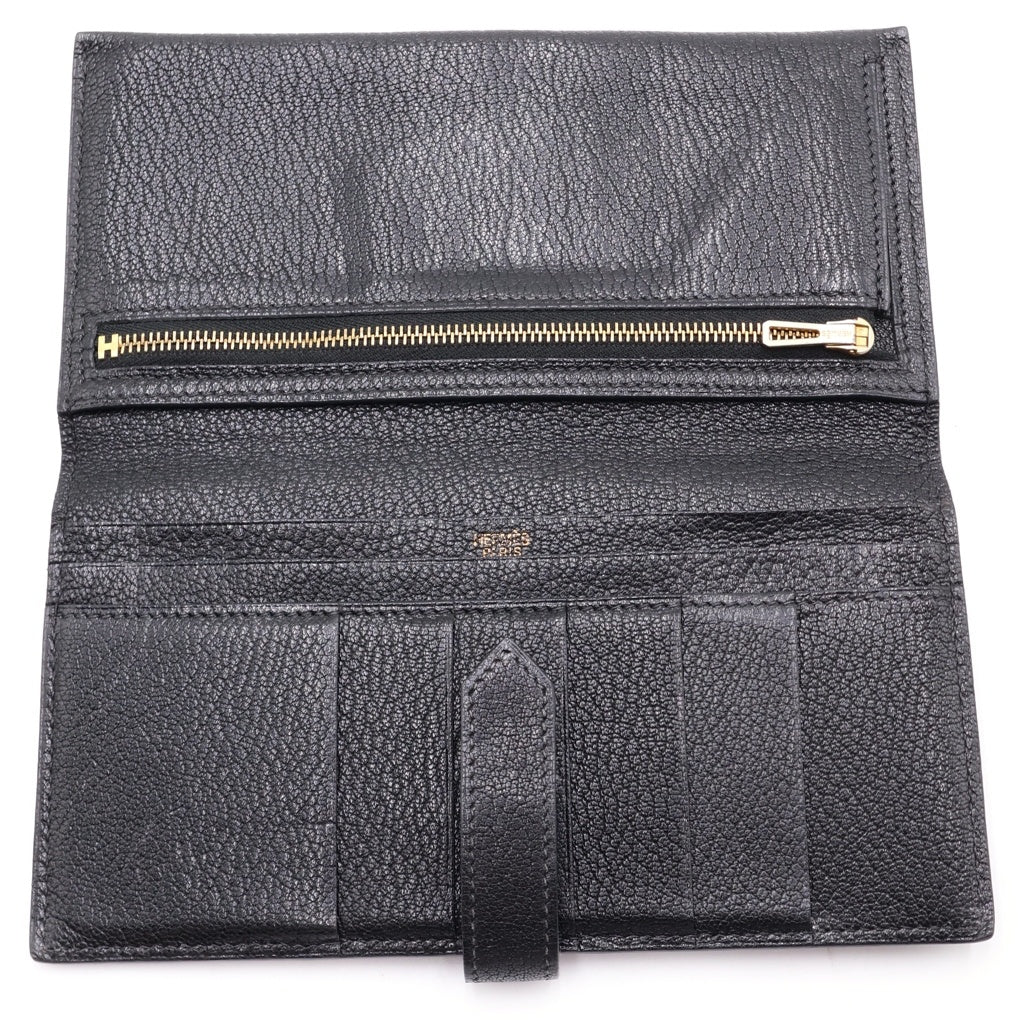 HERMES(エルメス) ベアンスフレ 2つ折り財布 ゴールド金具 シェーブル レザー ブラック □G刻印