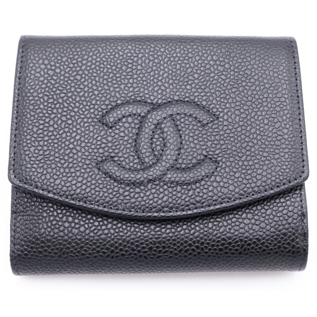 CHANEL(シャネル) ココマーク 三つ折りコンパクトウォレット 財布 キャビアスキン ゴールド金具 ブラック 79番台