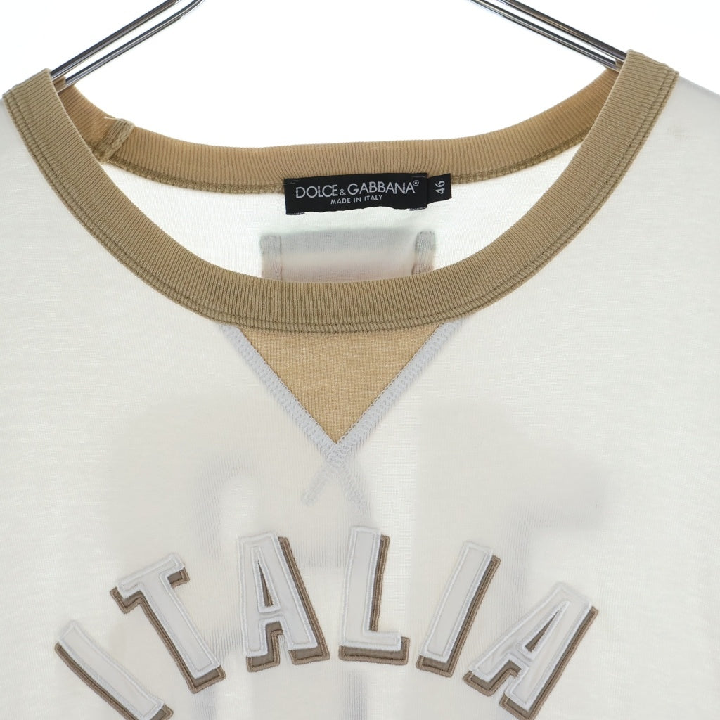 DOLCE & GABBANA(ドルチェアンドガッバーナ) ITALIA DG BASKET ロゴ刺繍 半袖リブカットソー リンガーTシャツ エンブレム コットン ホワイト/ブラウン G8A87G