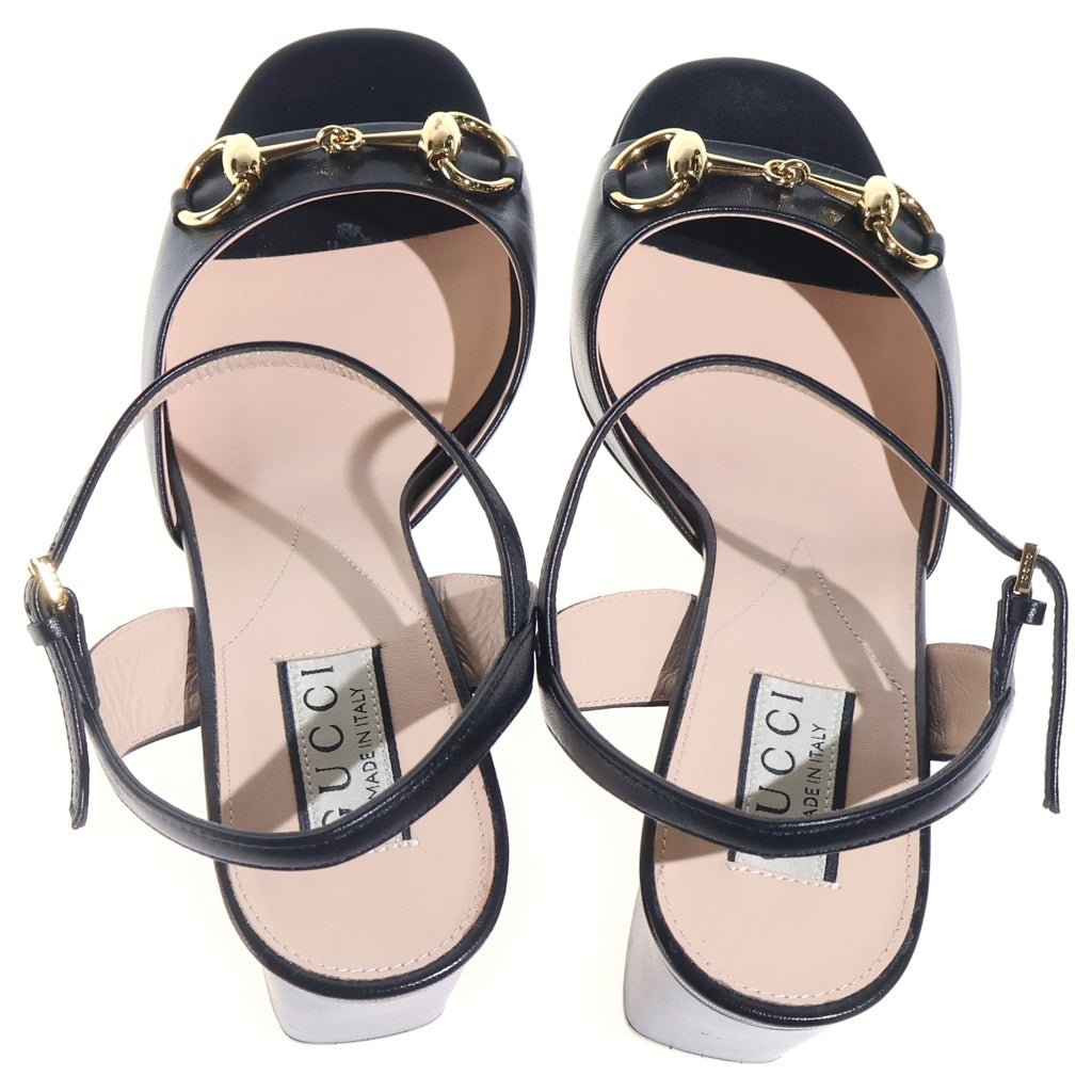GUCCI(グッチ) ホースビット レザーヒールパンプス ミュール シューズ スクエアトゥ ゴールド金具 ブラック レディース