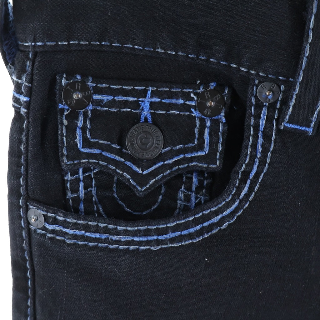 TRUE RELIGION(トゥルーレリジョン) SLIM BIG T/SUPER T BLUE TONE ブルーステッチ スリムフィットデニムパンツ ジーンズ ブラック/ブルー M70E08X49
