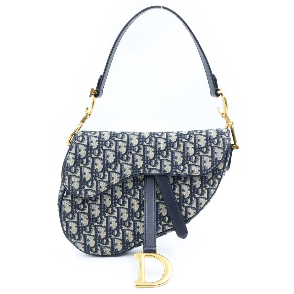 Christian Dior(クリスチャンディオール) オブリーク ジャガード サドルバッグ 2wayショルダー ハンドバック キャンバス レザー ネイビー レディース