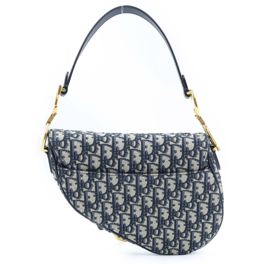 Christian Dior(クリスチャンディオール) オブリーク ジャガード サドルバッグ 2wayショルダー ハンドバック キャンバス レザー ネイビー レディース