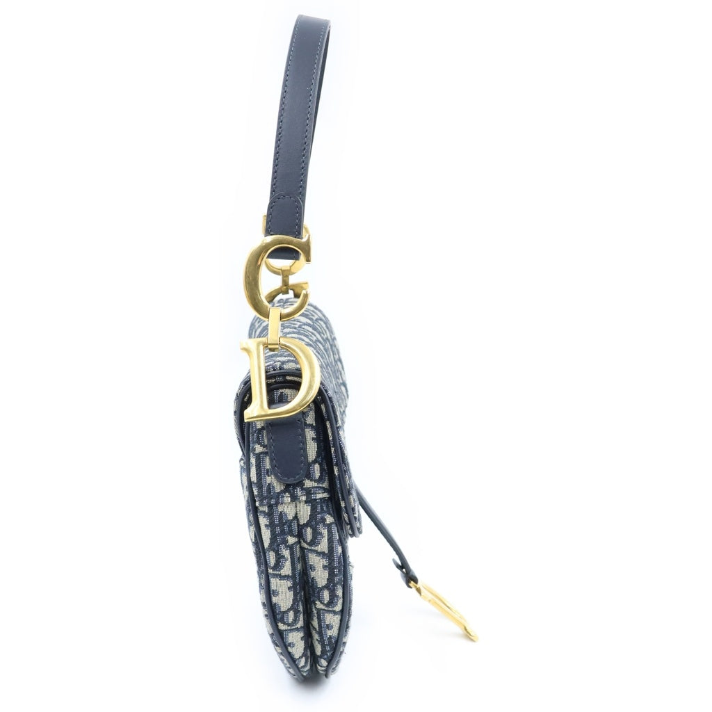 Christian Dior(クリスチャンディオール) オブリーク ジャガード サドルバッグ 2wayショルダー ハンドバック キャンバス レザー ネイビー レディース