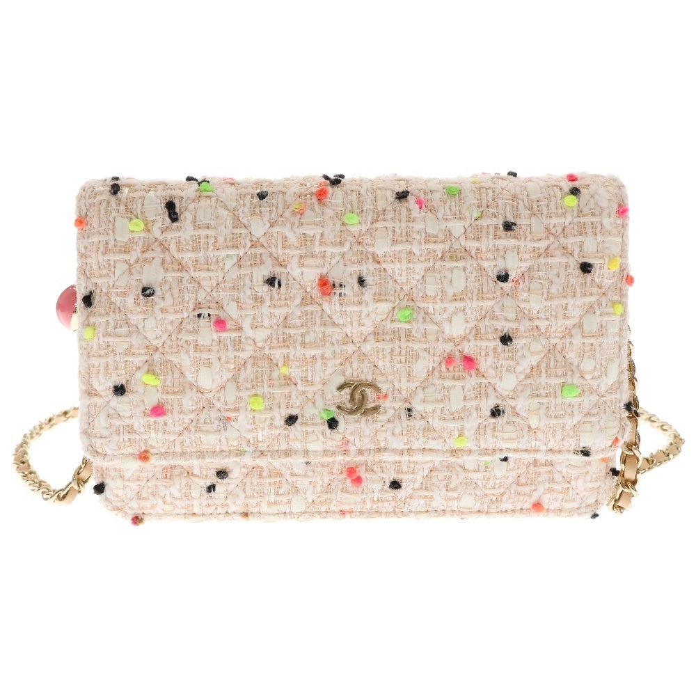 CHANEL(シャネル) チェーンウォレット マルチカラー ツイード ショルダーウォレット 長財布 ピンク ゴールド金具 斜め掛けバッグ 肩掛けバッグ ショルダーバッグ