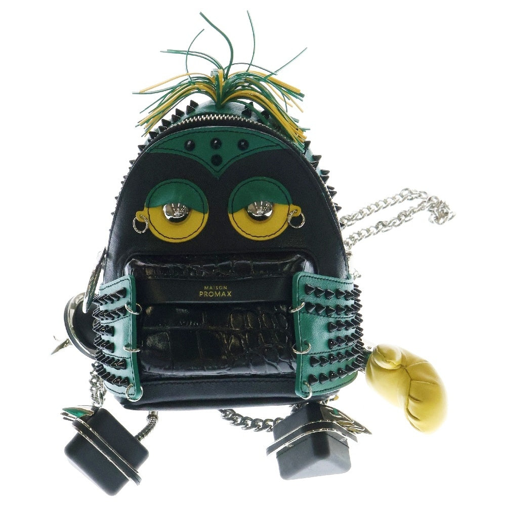 MAISON PROMAX(メゾン プロマックス) THE VILLANS THE GODS 2WAY レザー スタッズ ショルダーバッグ バックパック リュック ブラック×グリーン×イエロー