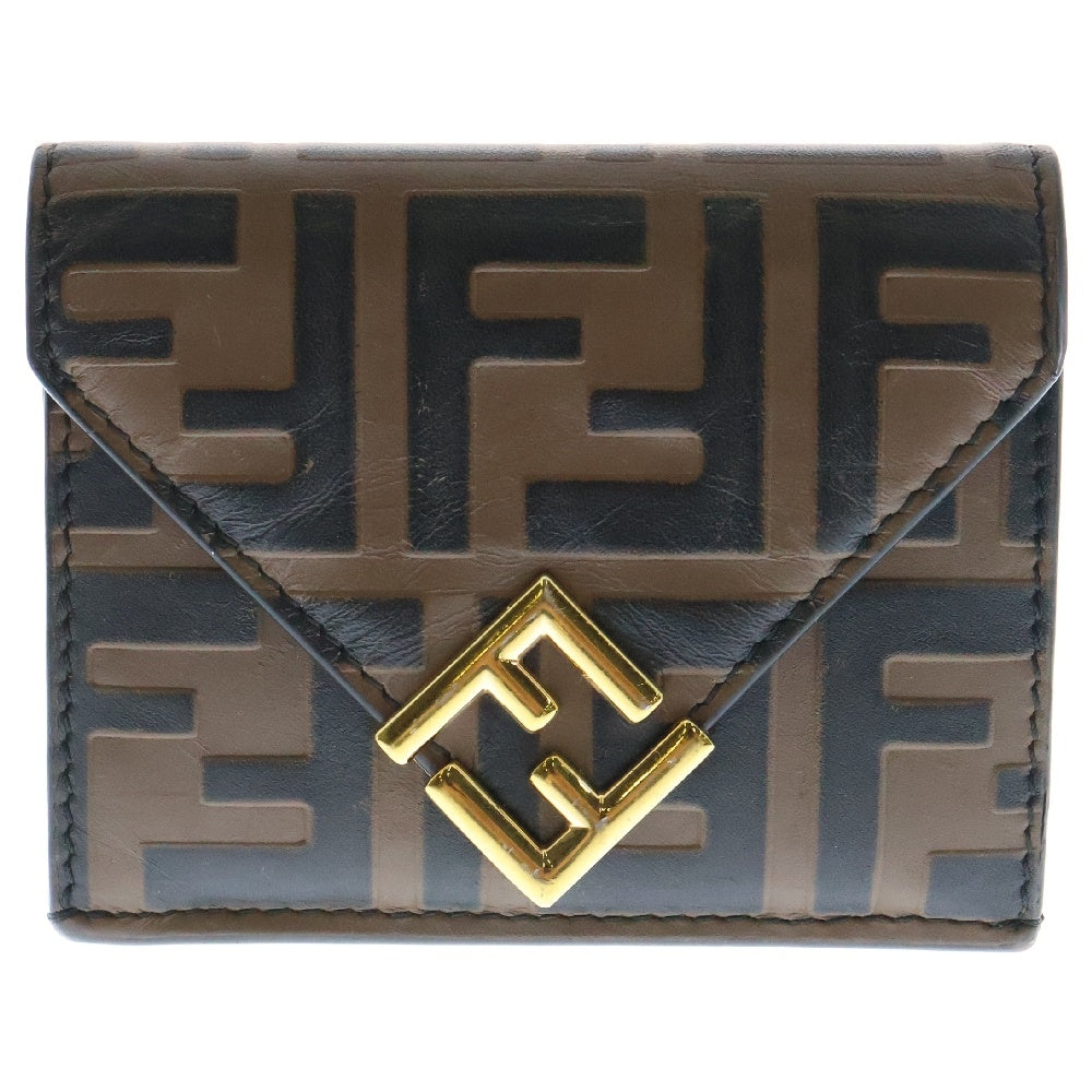 FENDI(フェンディ) FFダイヤモンド 三つ折り財布 コンパクトウォレット ゴールド金具 ブラウン ズッカ柄 レザー 8M0480