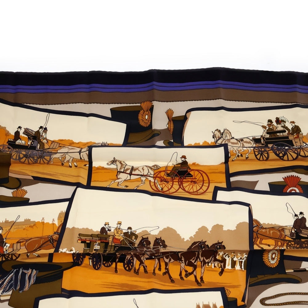 HERMES(エルメス) カレ90 馬車柄 プリント シルクスカーフ ネイビー/ベージュ
