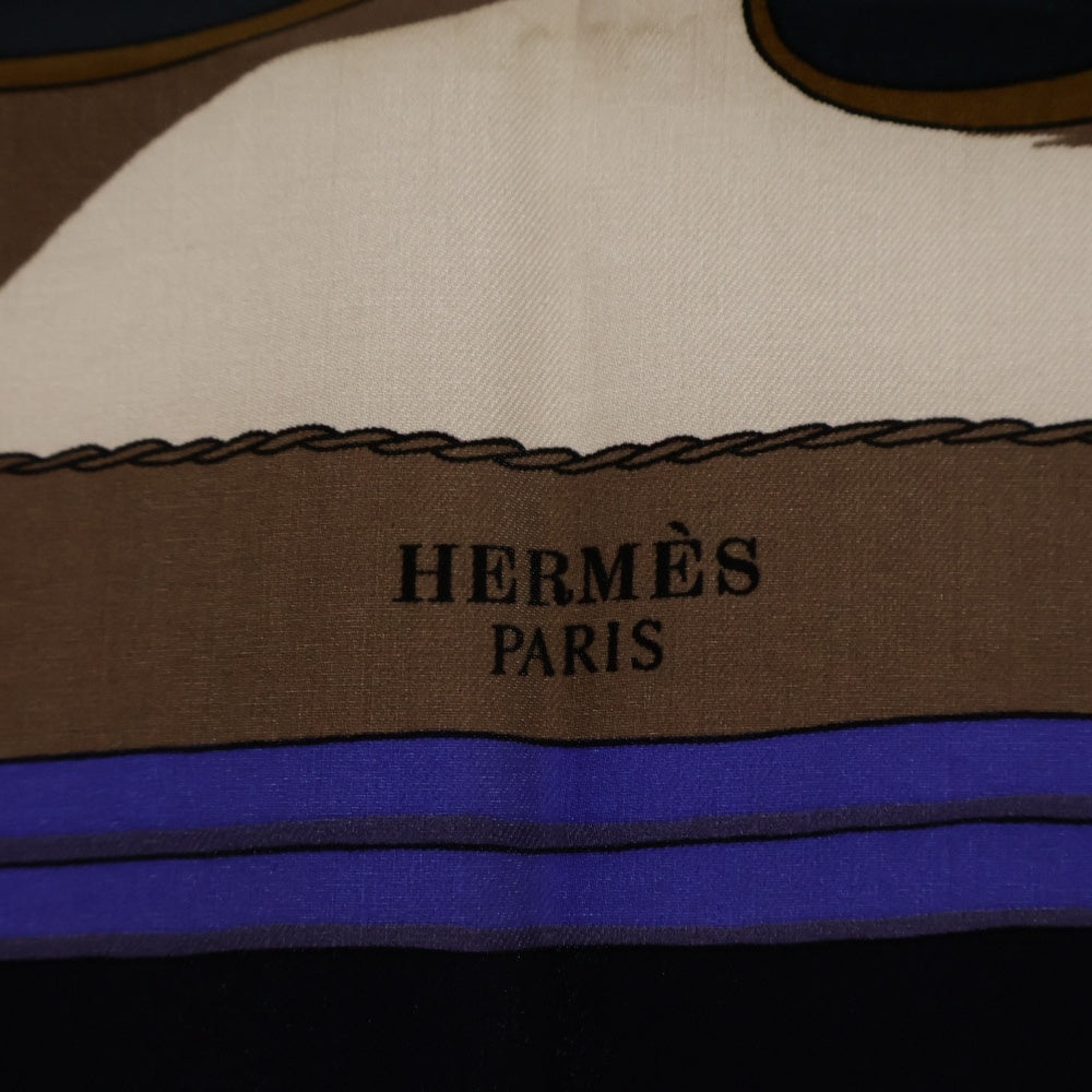 HERMES(エルメス) カレ90 馬車柄 プリント シルクスカーフ ネイビー/ベージュ