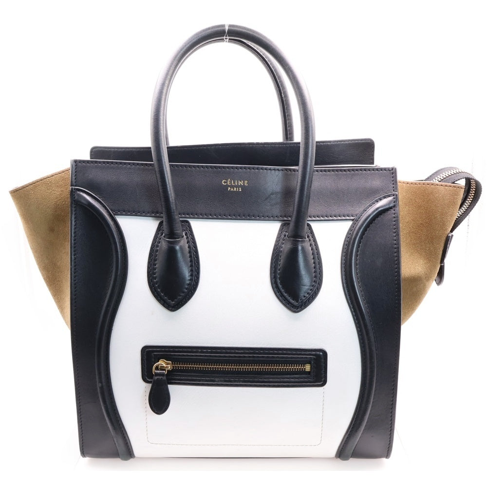 CELINE(セリーヌ) ラゲージ ショルダーバッグ トリコロール ハンドバッグ トートバッグ ブラック×ホワイト×カーキ ゴールド金具 レザー