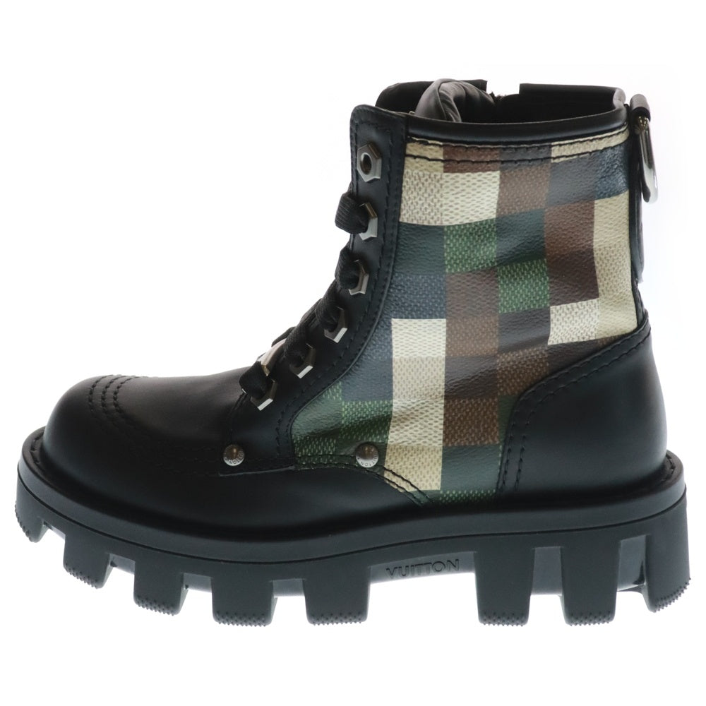 LOUIS VUITTON(ルイヴィトン) 24SS LV Checker combat boot チェッカー ダモフラージュ ダミエ ピクセル カモフラ PVC レザー サイドジップ レースアップ ハイカットコンバットブーツ 1ACNF2