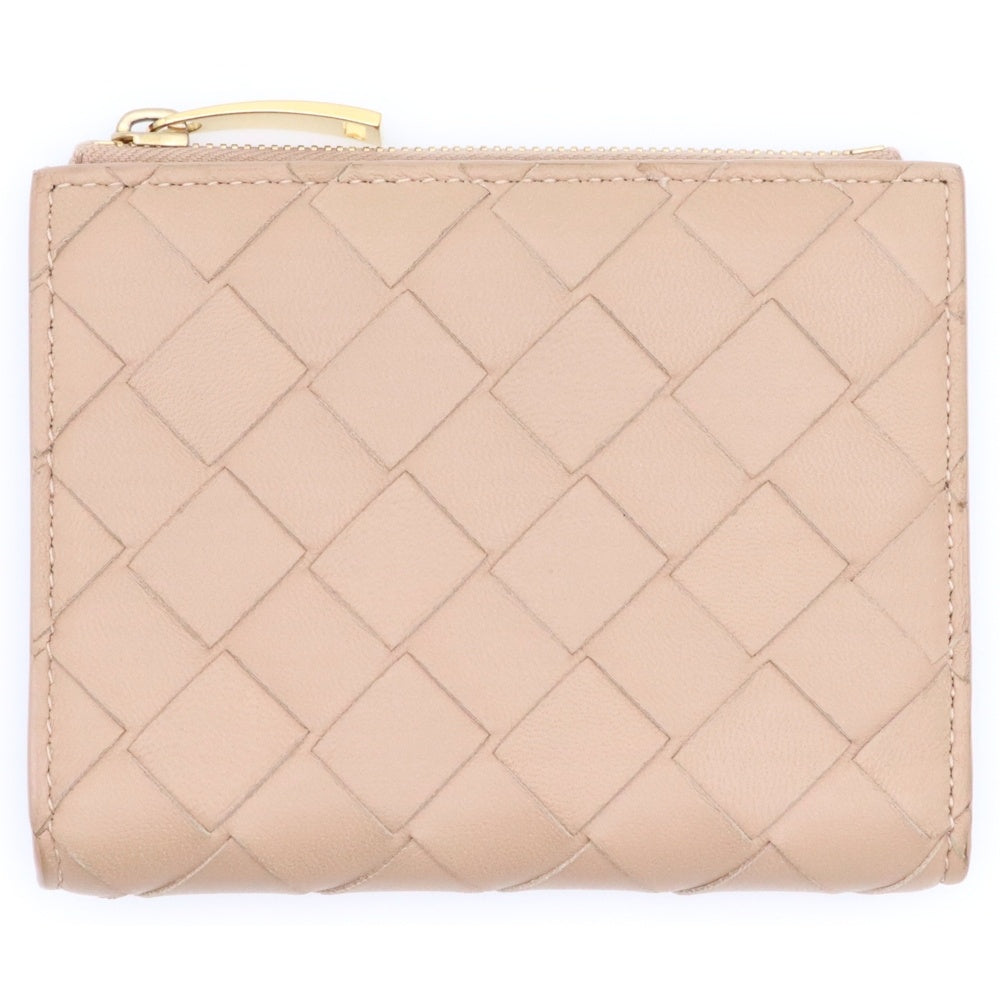 BOTTEGA VENETA(ボッテガヴェネタ) イントレチャート ファスナー レザー コンパクトウォレット 二つ折り財布 ゴールド金具 ベージュ