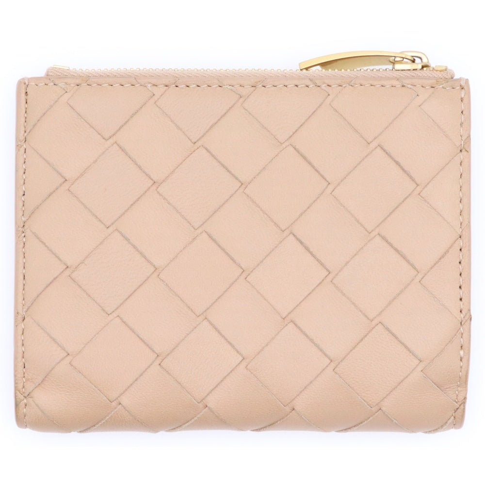 BOTTEGA VENETA(ボッテガヴェネタ) イントレチャート ファスナー レザー コンパクトウォレット 二つ折り財布 ゴールド金具 ベージュ