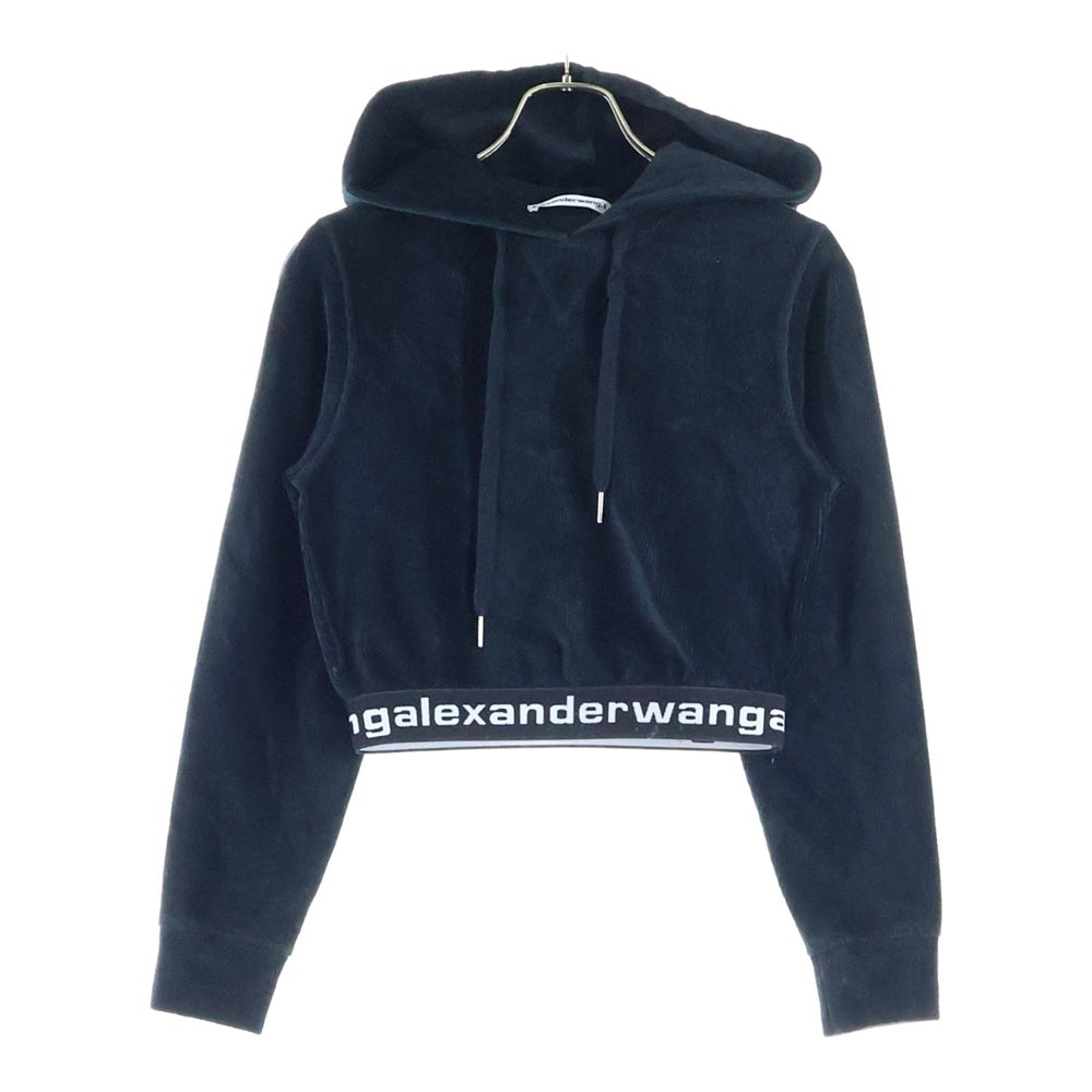 ALEXANDER WANG(アレキサンダーワン) Cropped Hoodie ロゴテープ コーデュロイ クロップド プルオーバースウェットパーカー フーディー ブラック レディース CA00985