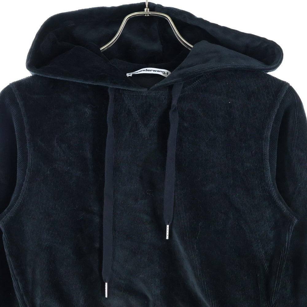 ALEXANDER WANG(アレキサンダーワン) Cropped Hoodie ロゴテープ コーデュロイ クロップド プルオーバースウェットパーカー フーディー ブラック レディース CA00985