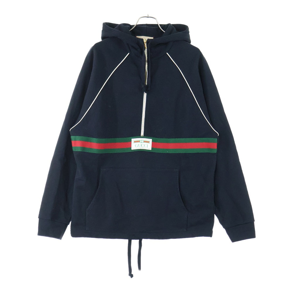 GUCCI(グッチ) インターロッキングG ワッペンロゴ ウェブ シェリーライン ハーフジップ プルオーバースウェットパーカー フーディー ブラック 645320