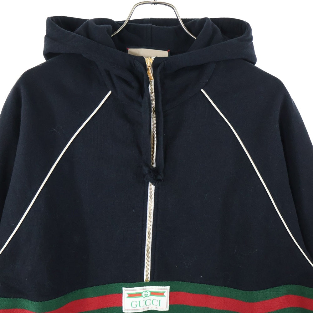 GUCCI(グッチ) インターロッキングG ワッペンロゴ ウェブ シェリーライン ハーフジップ プルオーバースウェットパーカー フーディー ブラック 645320