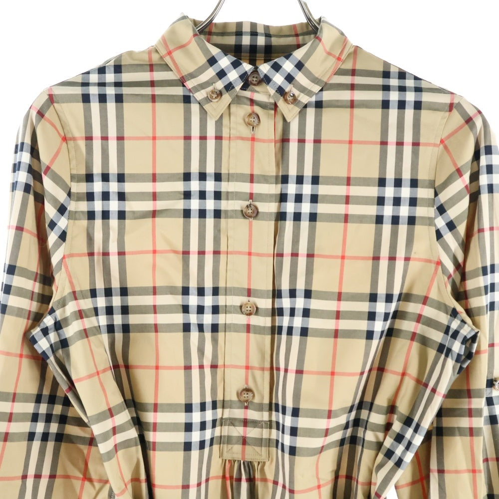 BURBERRY(バーバリー) ノバチェック 総柄 コットン ボタンダウン ロングスリーブ 長袖シャツ ドレス ワンピース ベージュ レディース 8024585