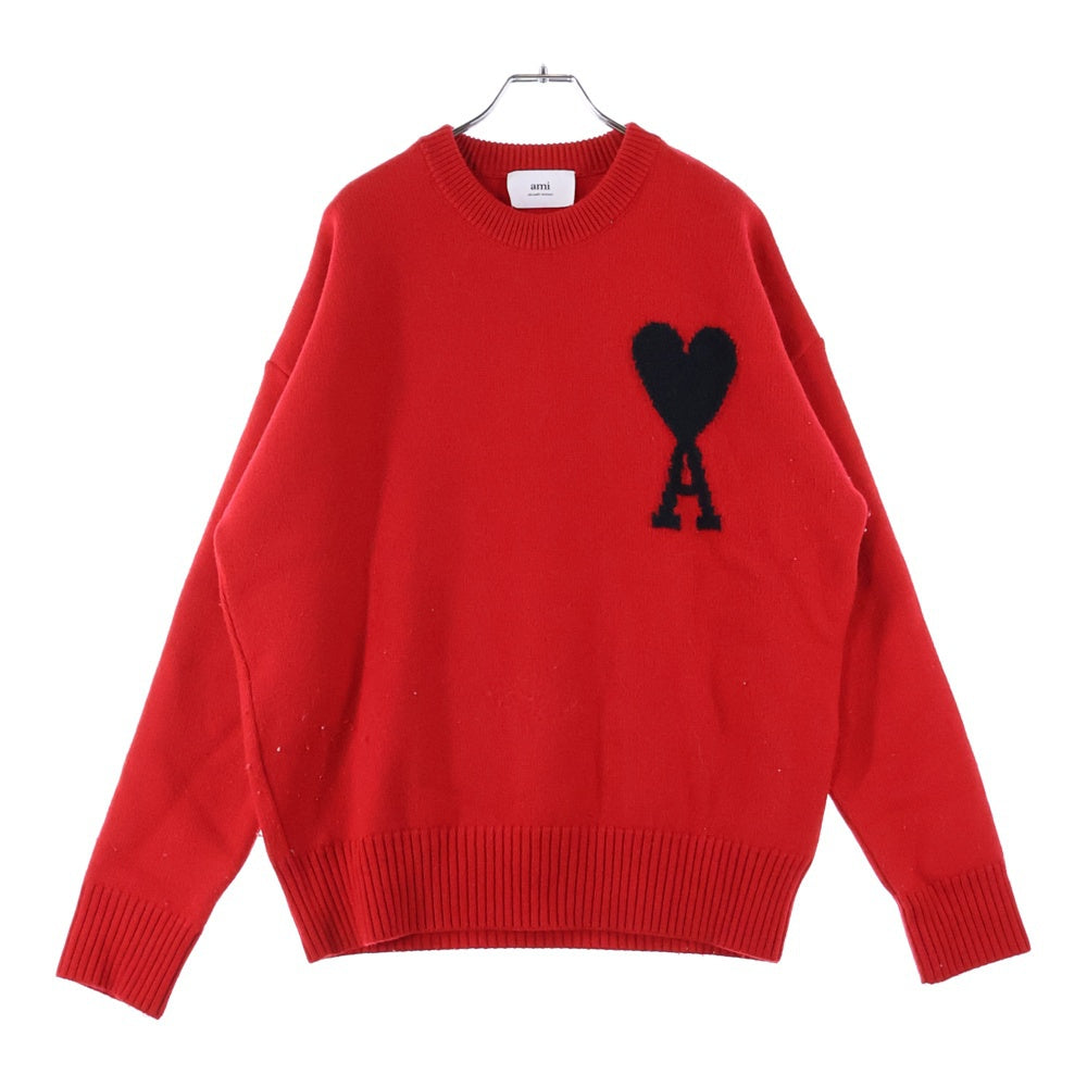ami paris(アミパリス) ハートロゴ クルーネック ロングスリーブ 長袖ニット セーター レッド UKS002.018