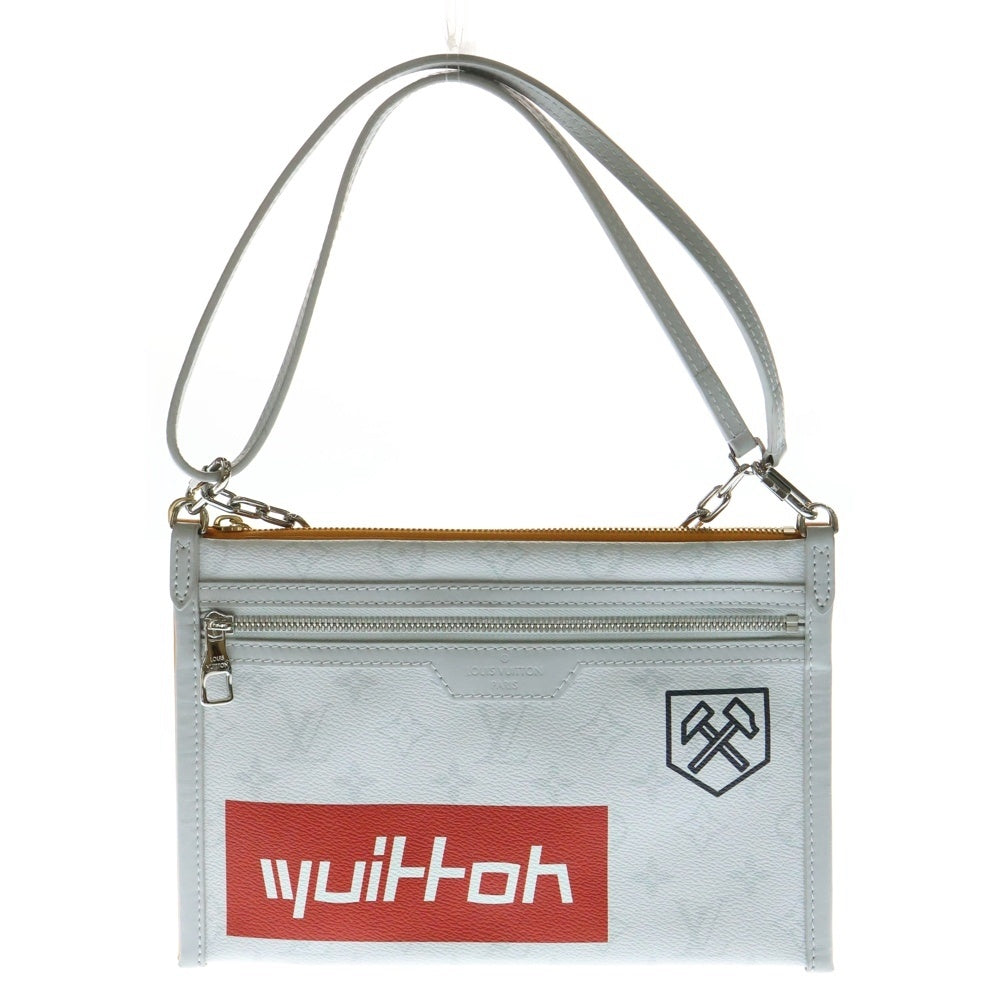 LOUIS VUITTON(ルイヴィトン) モノグラムフラットメッセンジャー レザー×デニム チェーンショルダーバッグ グレー/オレンジ M44640