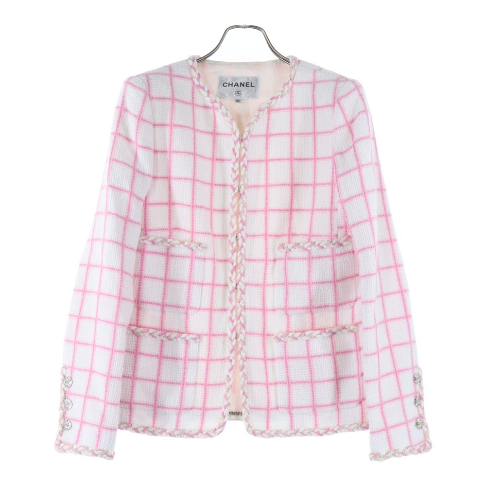 CHANEL(シャネル) ココマークボタン ノーカラージャケット ホワイト×ピンク レディース P73947V65544