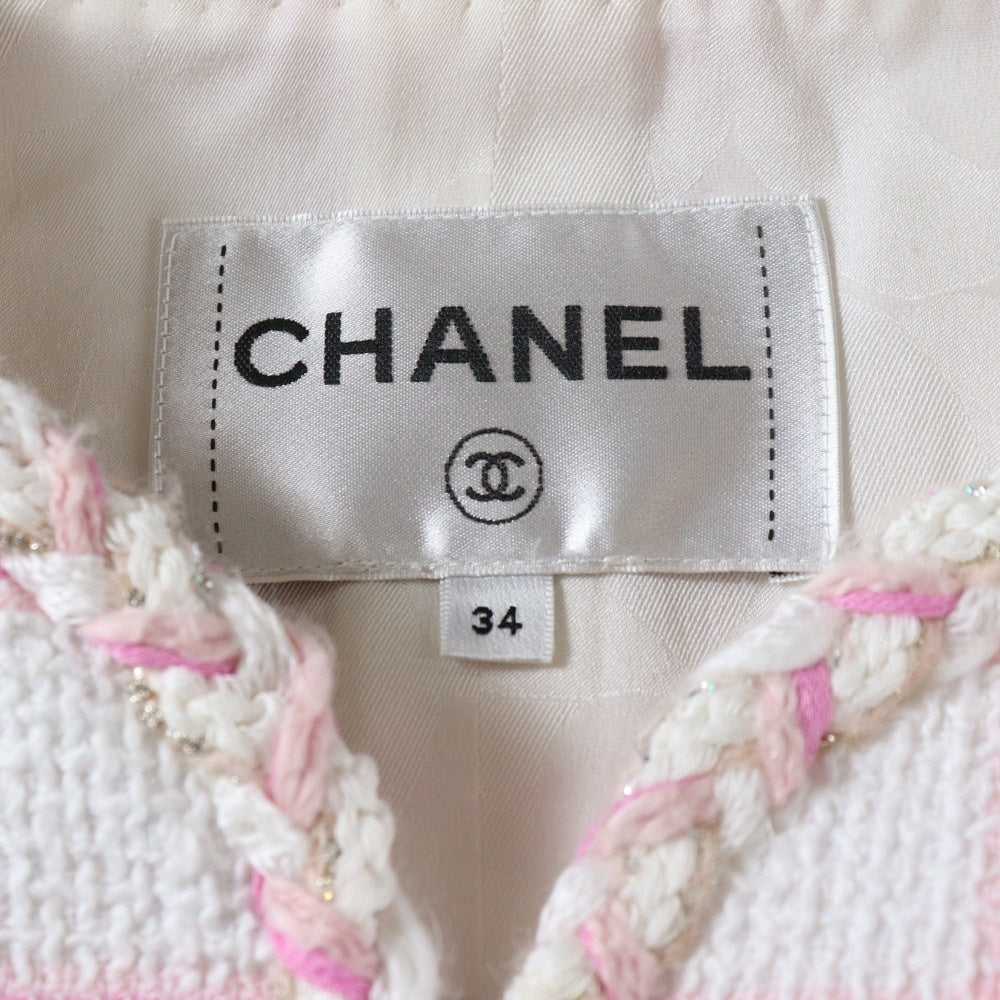 CHANEL(シャネル) ココマークボタン ノーカラージャケット ホワイト×ピンク レディース P73947V65544