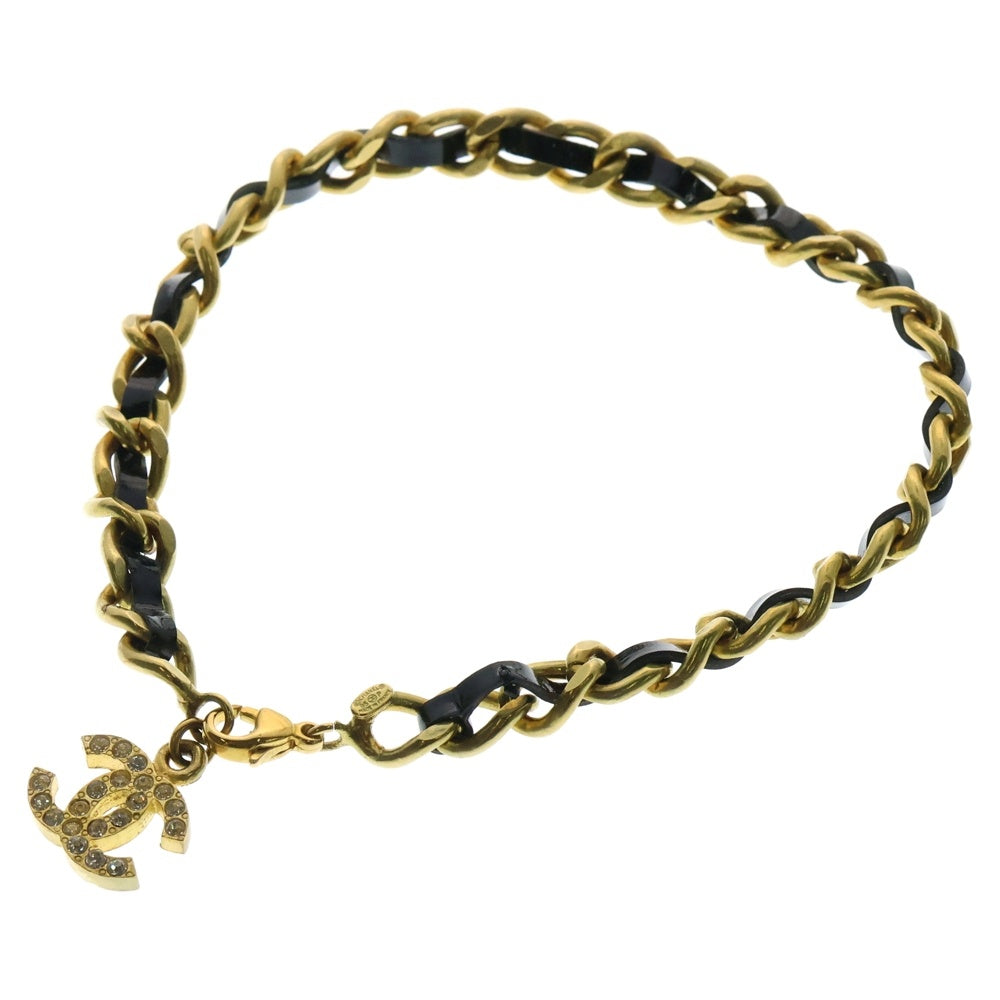CHANEL(シャネル) ココマーク チェーンブレスレット アンクレット ブラック×ゴールド 革×GP ヴィンテージ 95P
