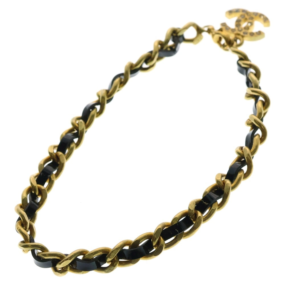 CHANEL(シャネル) ココマーク チェーンブレスレット アンクレット ブラック×ゴールド 革×GP ヴィンテージ 95P