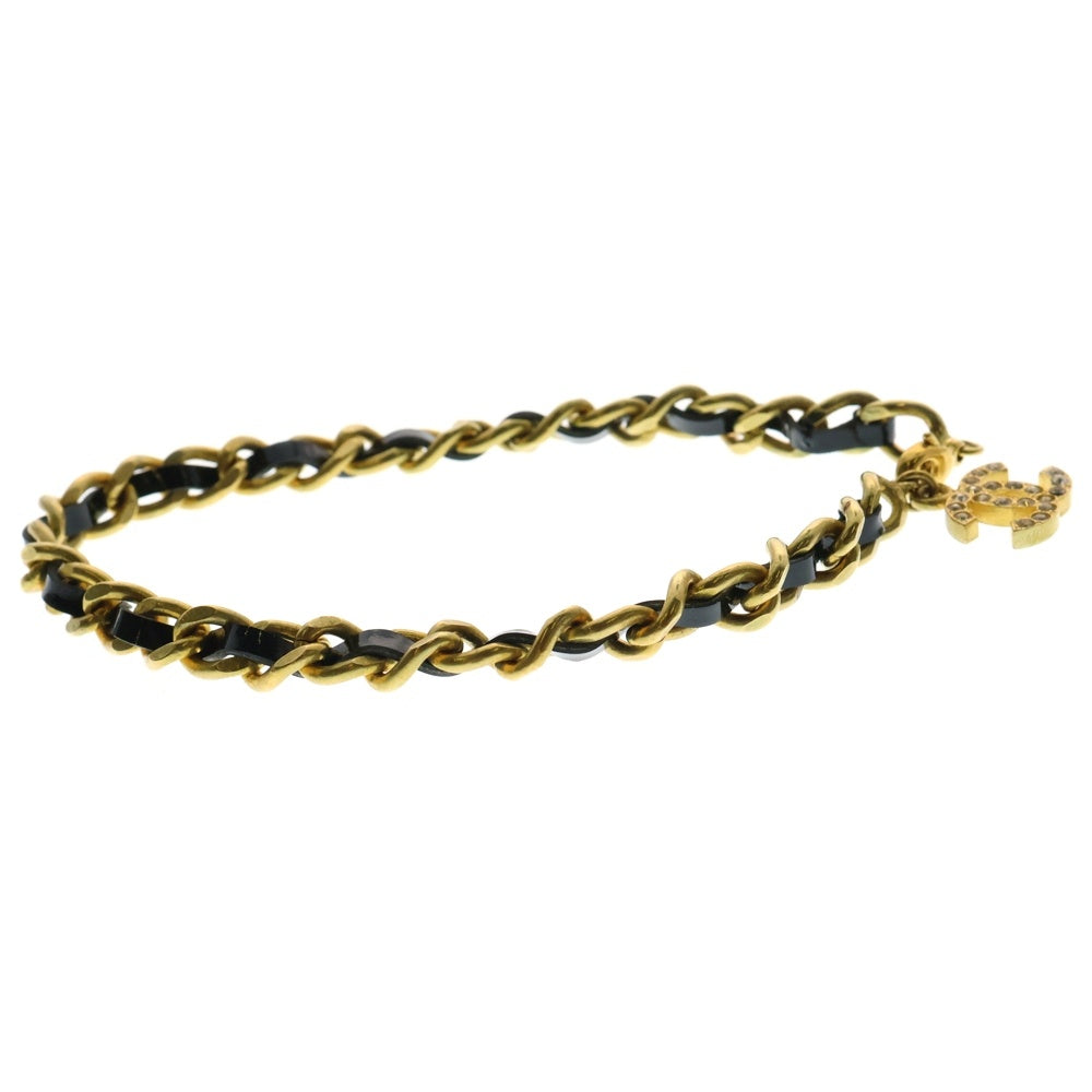 CHANEL(シャネル) ココマーク チェーンブレスレット アンクレット ブラック×ゴールド 革×GP ヴィンテージ 95P