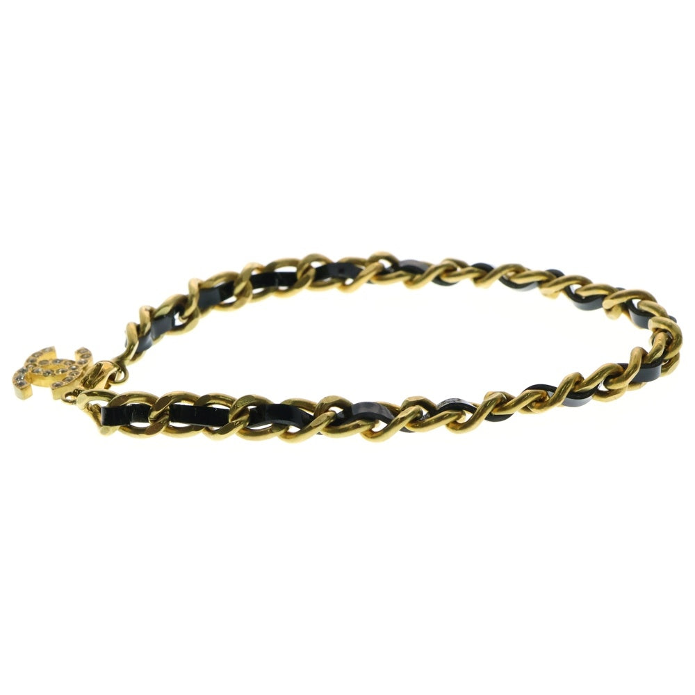 CHANEL(シャネル) ココマーク チェーンブレスレット アンクレット ブラック×ゴールド 革×GP ヴィンテージ 95P