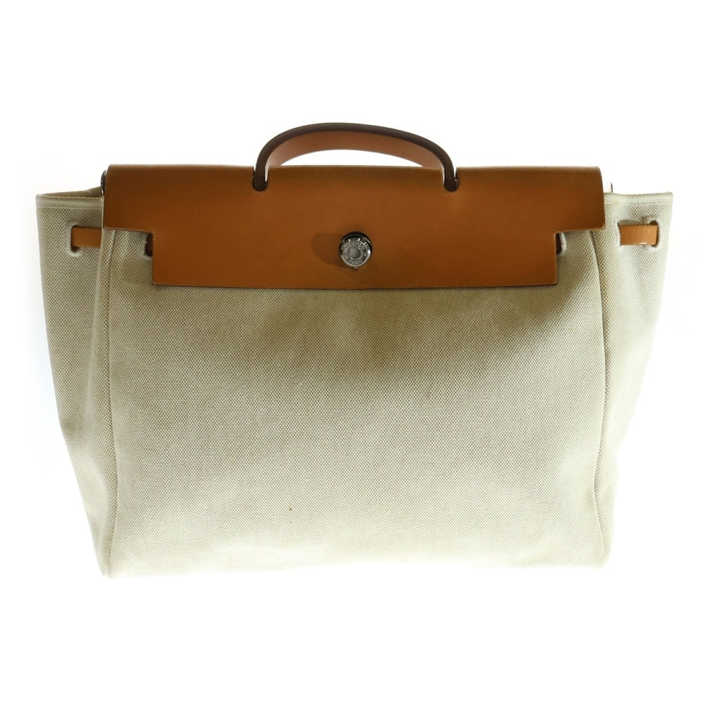 HERMES(エルメス) エールバッグMM ハンドバッグ アイボリー×ブラウン キャンバス×レザー □E刻印