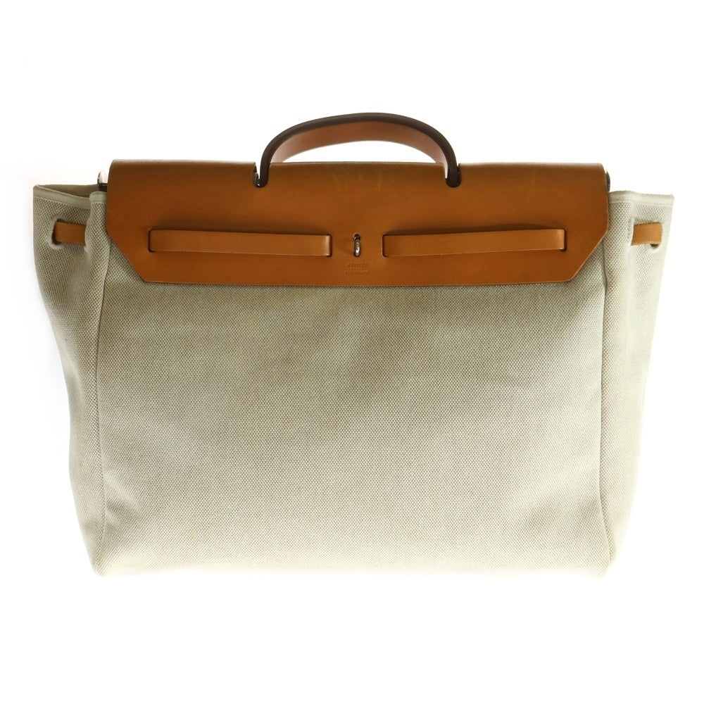HERMES(エルメス) エールバッグMM ハンドバッグ アイボリー×ブラウン キャンバス×レザー □E刻印