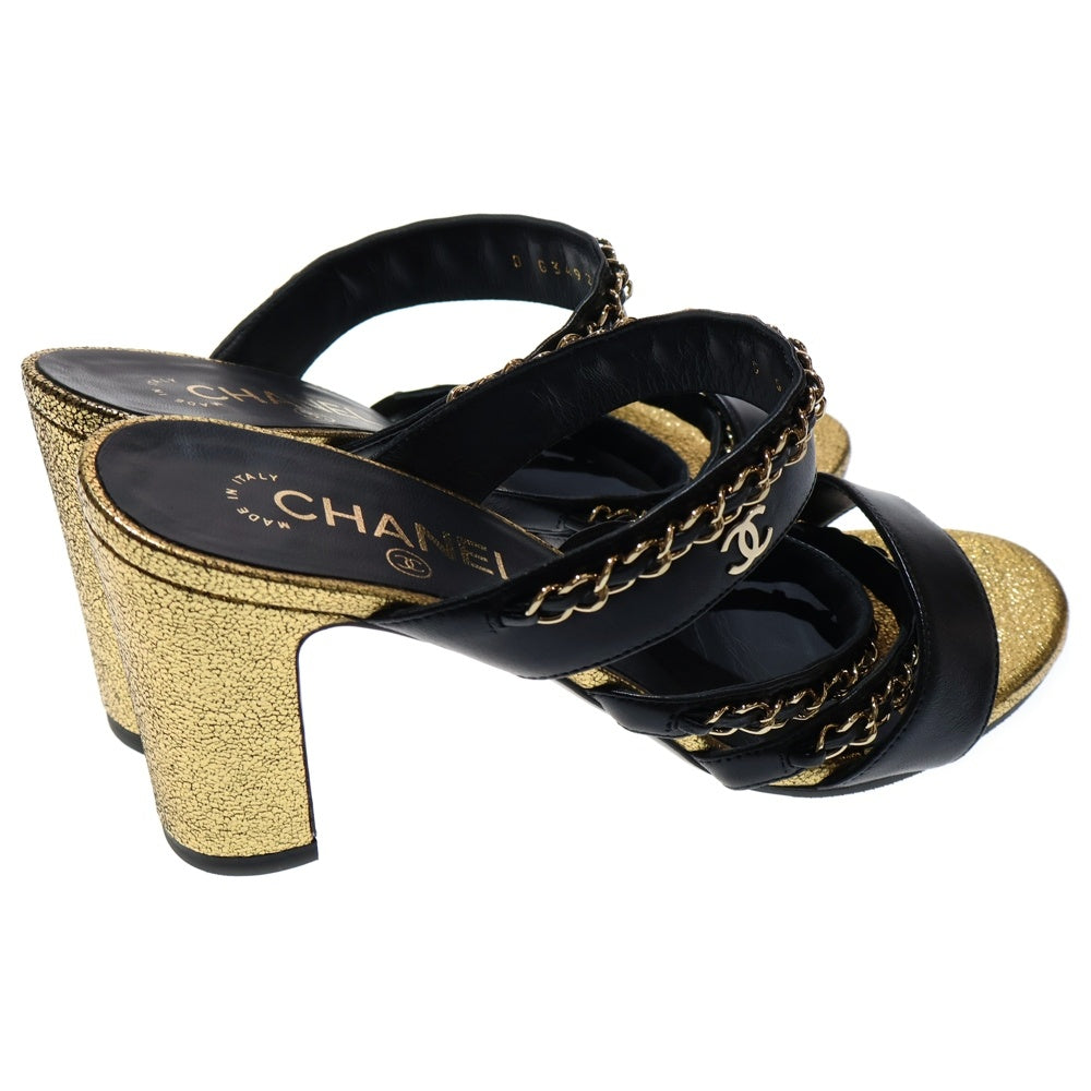 CHANEL(シャネル) ココマーク ロゴプレート チェーンデザイン ストラップ レザー ヒール サンダル ブラック/ゴールド レディース G34922
