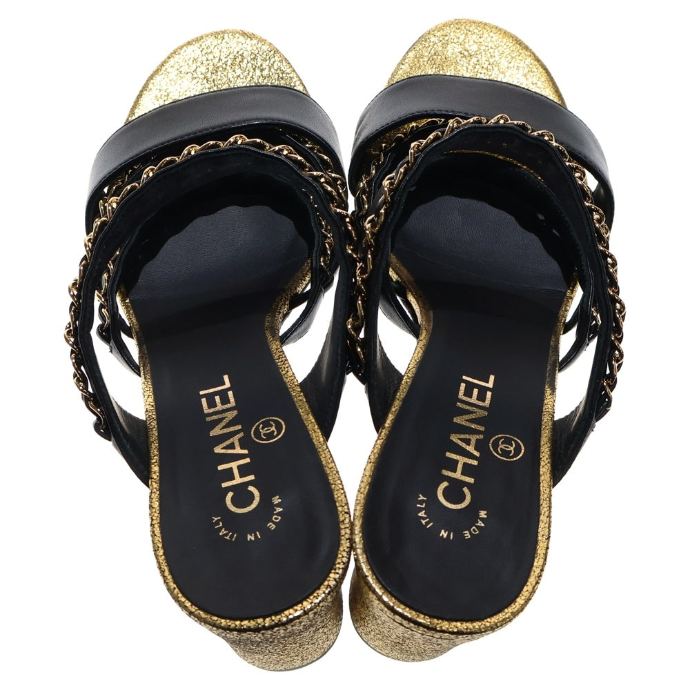 CHANEL(シャネル) ココマーク ロゴプレート チェーンデザイン ストラップ レザー ヒール サンダル ブラック/ゴールド レディース G34922