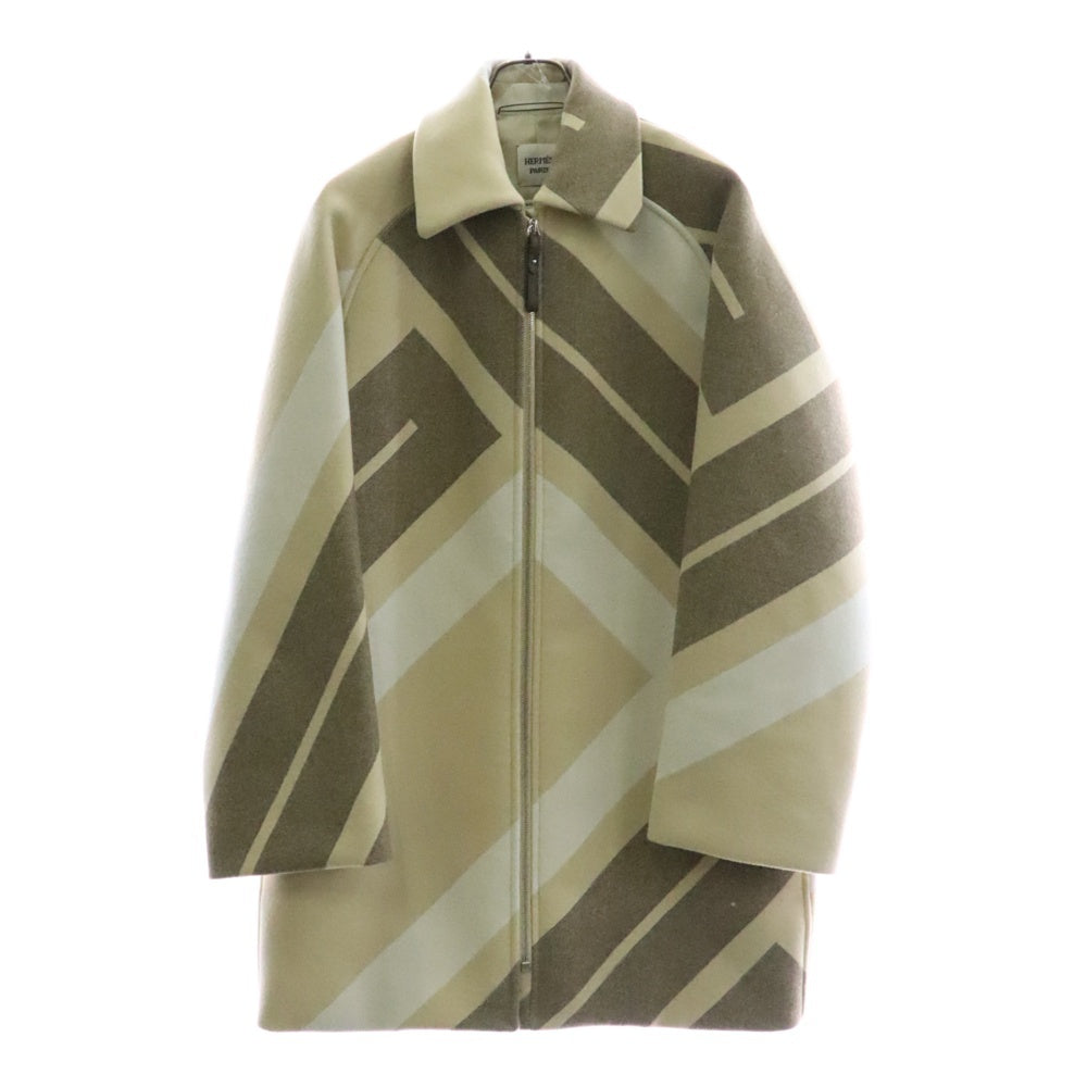 HERMES(エルメス) 22AW MOSAIQUE モザイク 総柄 シルク混 ウール ラグランスリーブ ジップアップ ステンカラーコート ベージュ 2H0133DI