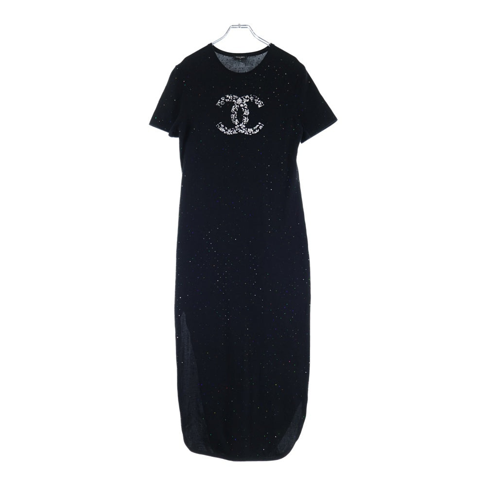 CHANEL(シャネル) ココマーク ロゴ ラメ クルーネック 半袖 ニット ロングワンピース ドレス ブラック レディース P70461K10042