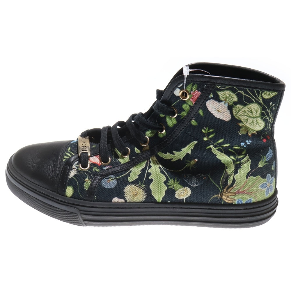 GUCCI(グッチ) フラワー総柄プリント キャンバス レザー レースアップ ミッドカットシューズ スニーカー ブラック レディース 380960