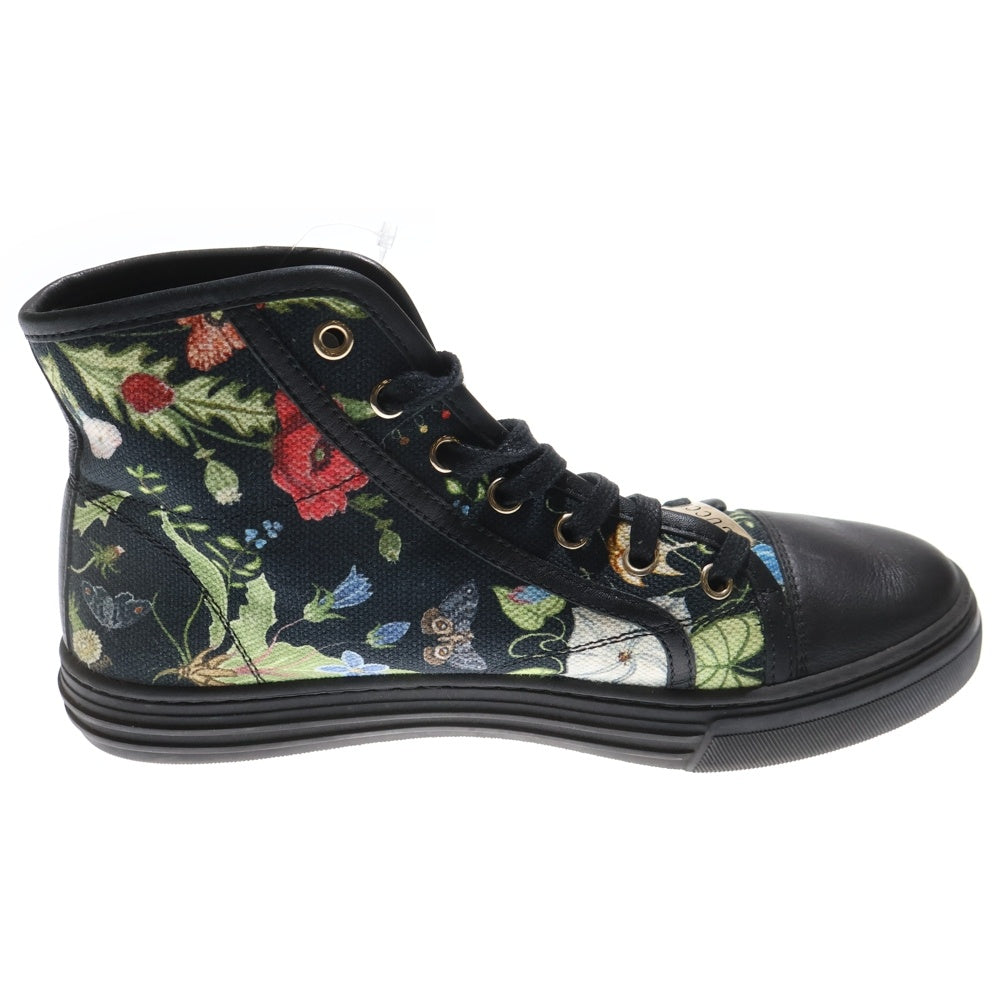 GUCCI(グッチ) フラワー総柄プリント キャンバス レザー レースアップ ミッドカットシューズ スニーカー ブラック レディース 380960