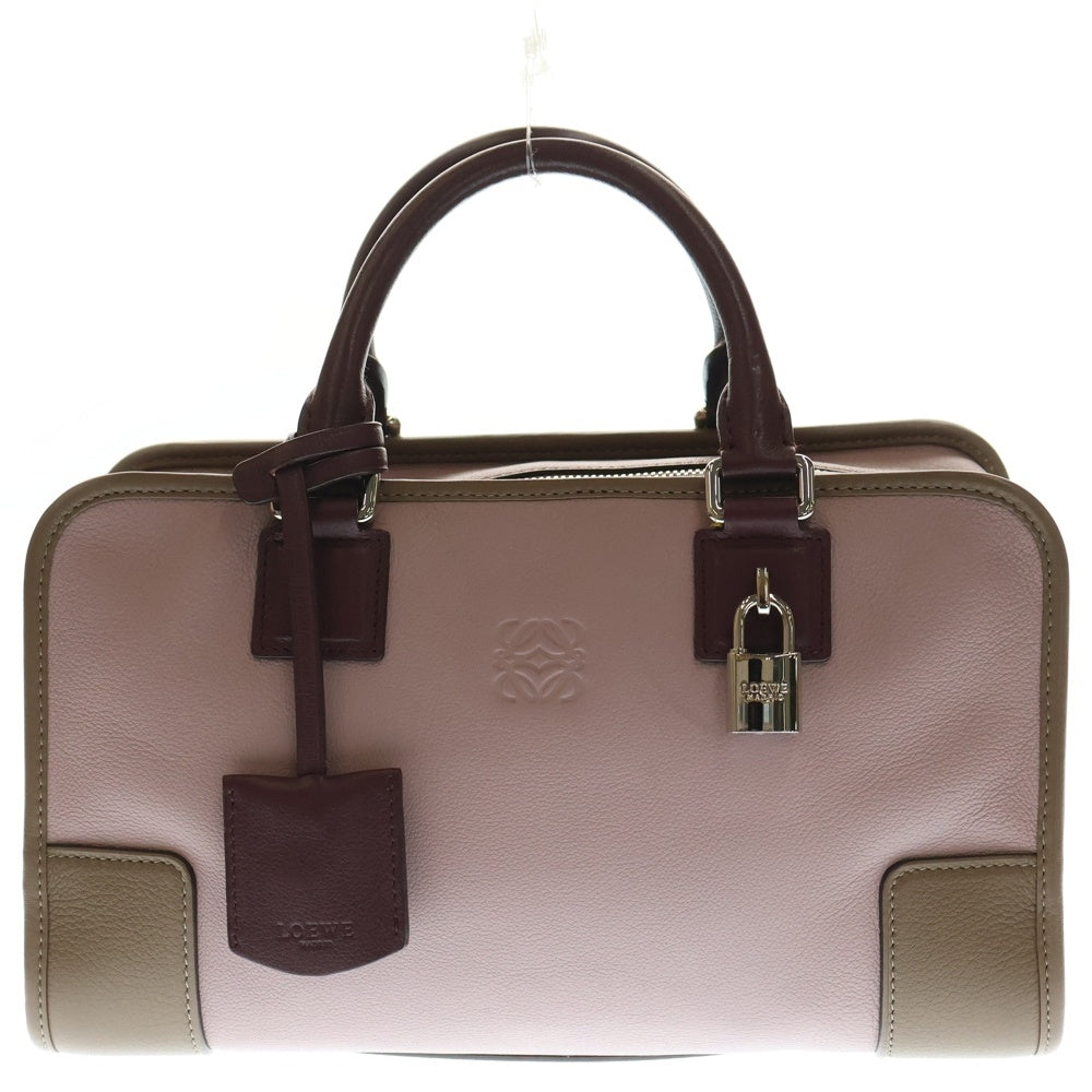LOEWE(ロエベ) アナグラム アマソナ28 旧型 バイカラー ハンドバッグ ボストンバッグ ボルドー×ピンク×ブラウン レザー シルバー金具