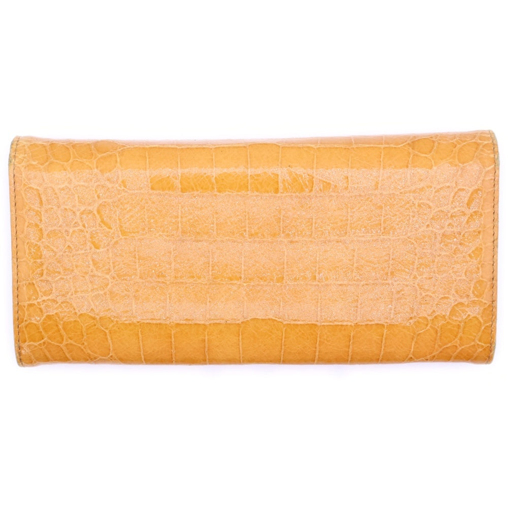 miumiu(ミュウミュウ) ロゴプレート クロコ型押し パテントレザー ロングウォレット 二つ折り財布 ゴールド金具 オレンジ