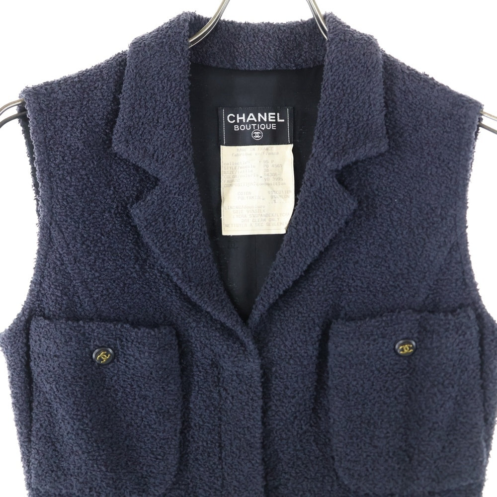 CHANEL(シャネル) 95P ココマークボタン パイル ジップアップ ノースリーブ タイト ワンピース ネイビー レディース