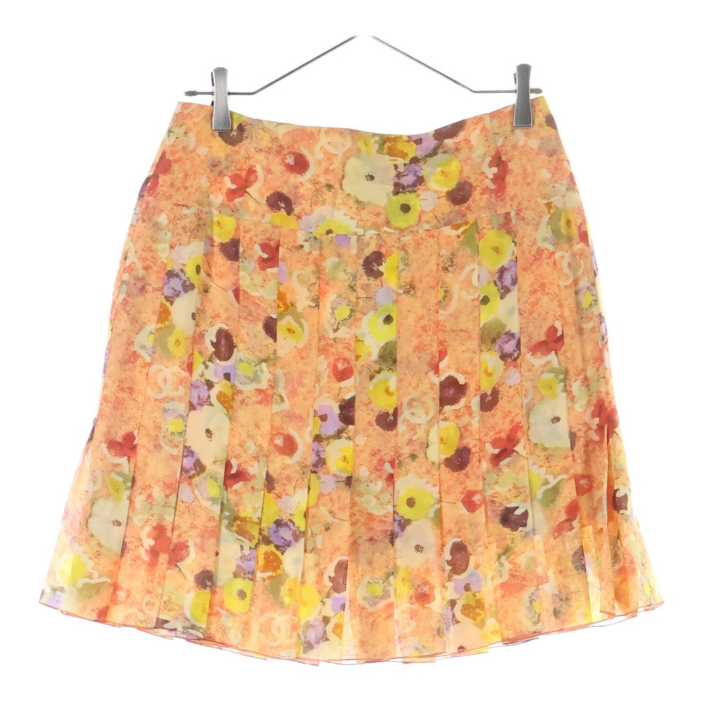 CHANEL(シャネル) 04P スプリングコレクション ココマーク フラワー総柄プリント シルク プリーツ ミニ スカート オレンジ レディース P23113V13882