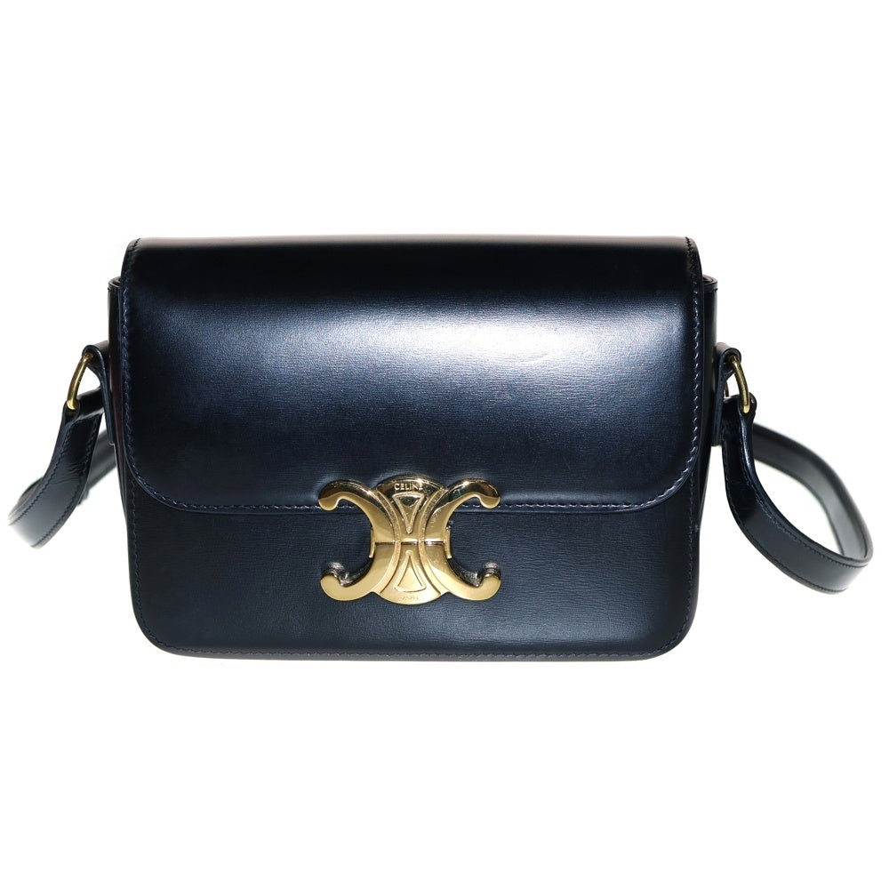 CELINE(セリーヌ) トリオンフ クラシック ショルダーバッグ ショルダーポシェット ブラック ゴールド金具 カーフスキン