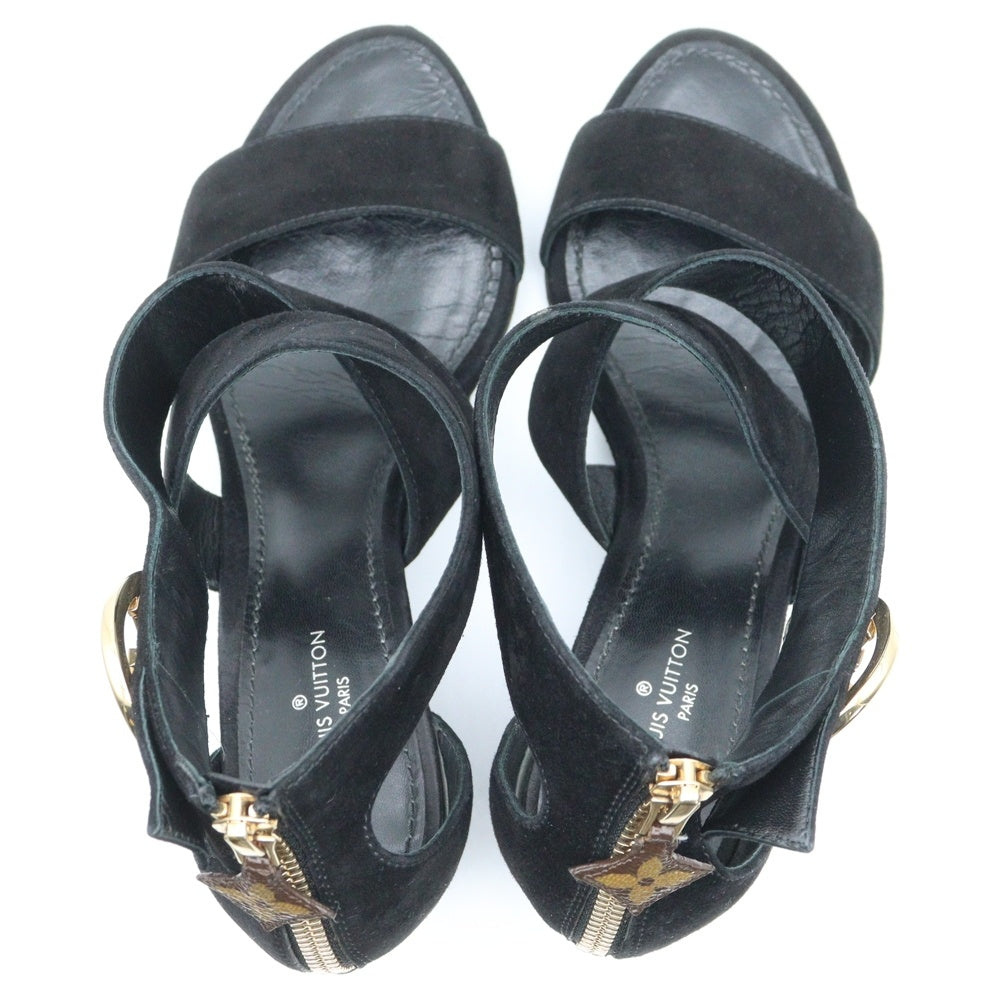LOUIS VUITTON(ルイヴィトン) ホライズンライン LVロゴプレート スエードレザー ウェッジソール ヒール ストラップ サンダル シューズ ゴールド金具 ブラック レディース