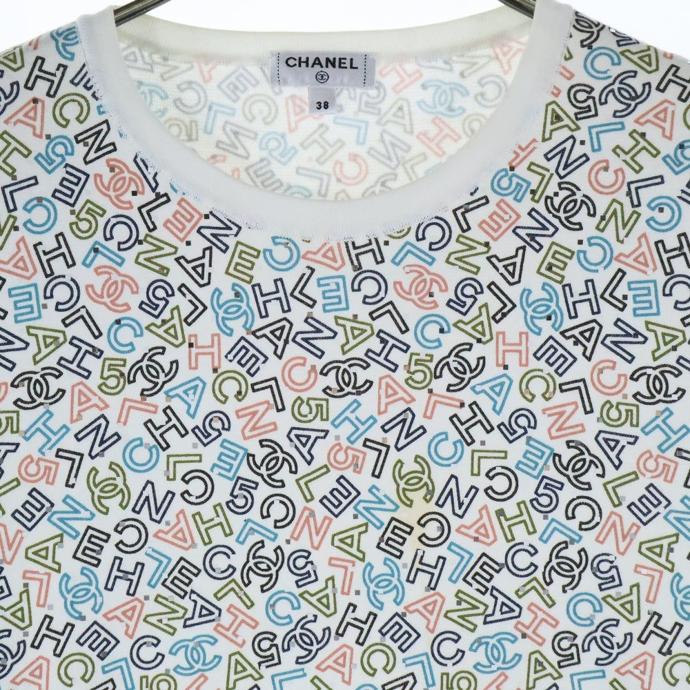 CHANEL(シャネル) ココマーク ロゴ 総柄プリント ラメ クルーネック ロングスリーブ 長袖Tシャツ カットソー ホワイト レディース P70441K10039