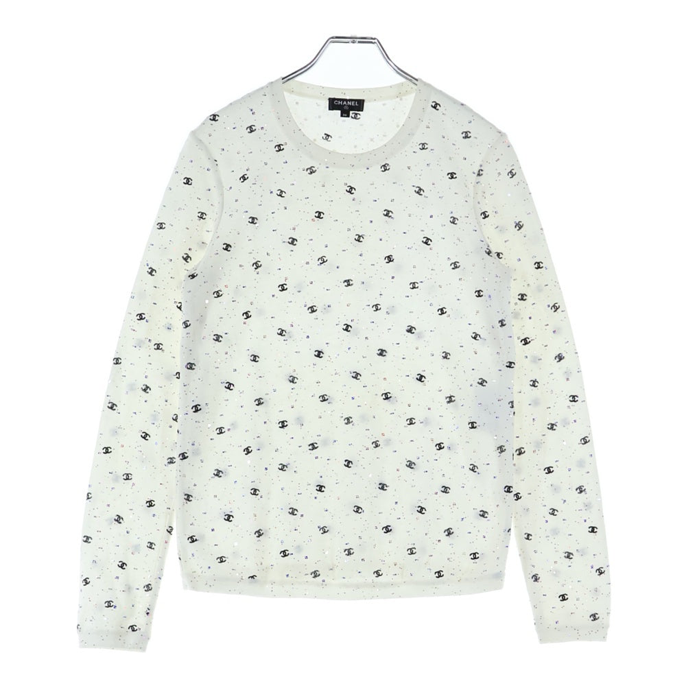 CHANEL(シャネル) ココマーク刺繍 ラメ スパンコール 総柄 コットンニット クルーネック 長袖Tシャツ カットソー ホワイト レディース P64289K60207