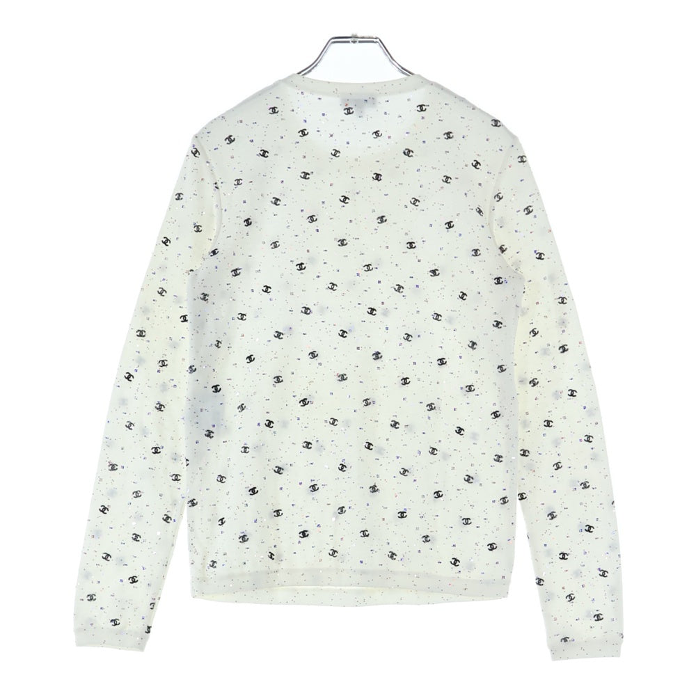 CHANEL(シャネル) ココマーク刺繍 ラメ スパンコール 総柄 コットンニット クルーネック 長袖Tシャツ カットソー ホワイト レディース P64289K60207